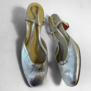 60s Silver Metallic Leather Square Toe Vintage Delman Slide Low Chunk7Heel sz 7